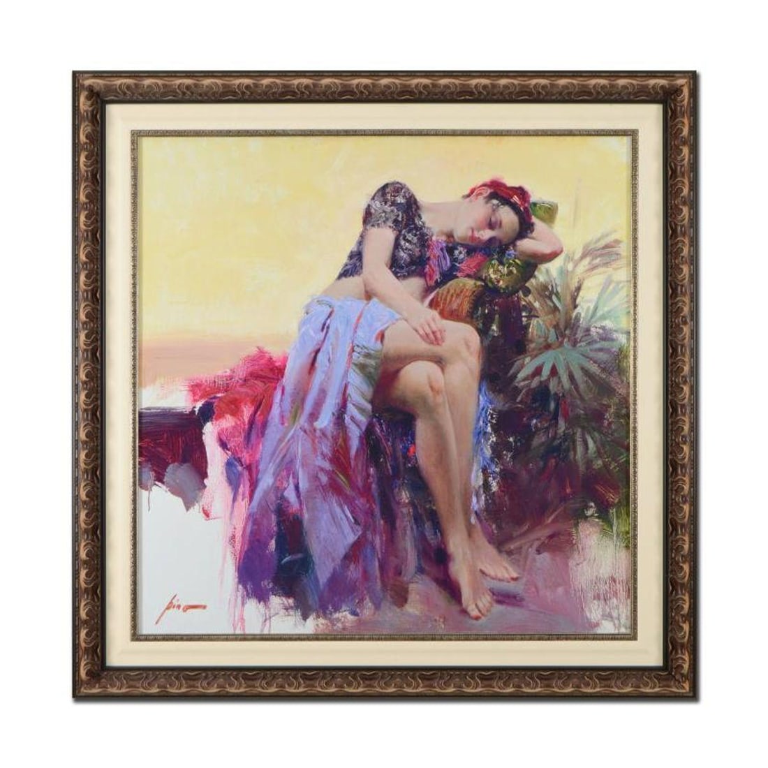 Pino (1939-2010), "Siesta" Framed Limited Edition Hand Embellished Giclee on Canvas. Numbered and: Pino's portraits allow glimpses into intensely personal, intimate spaces, conveying emotion through rich, warm color and sensual brushwork. "Siesta" is a hand embellished limited edition giclee on
