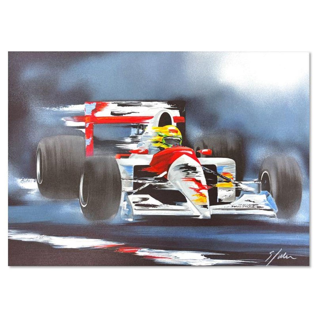 Victor Spahn, "Ayrton Senna" hand signed limited edition lithograph with Certificate of: Ayrton Senna is a limited edition lithograph on paper by Victor Spahn. Printed at Art-Lithographies workshop in Paris, the piece is hand signed by the artist and comes with a certificate of authentici