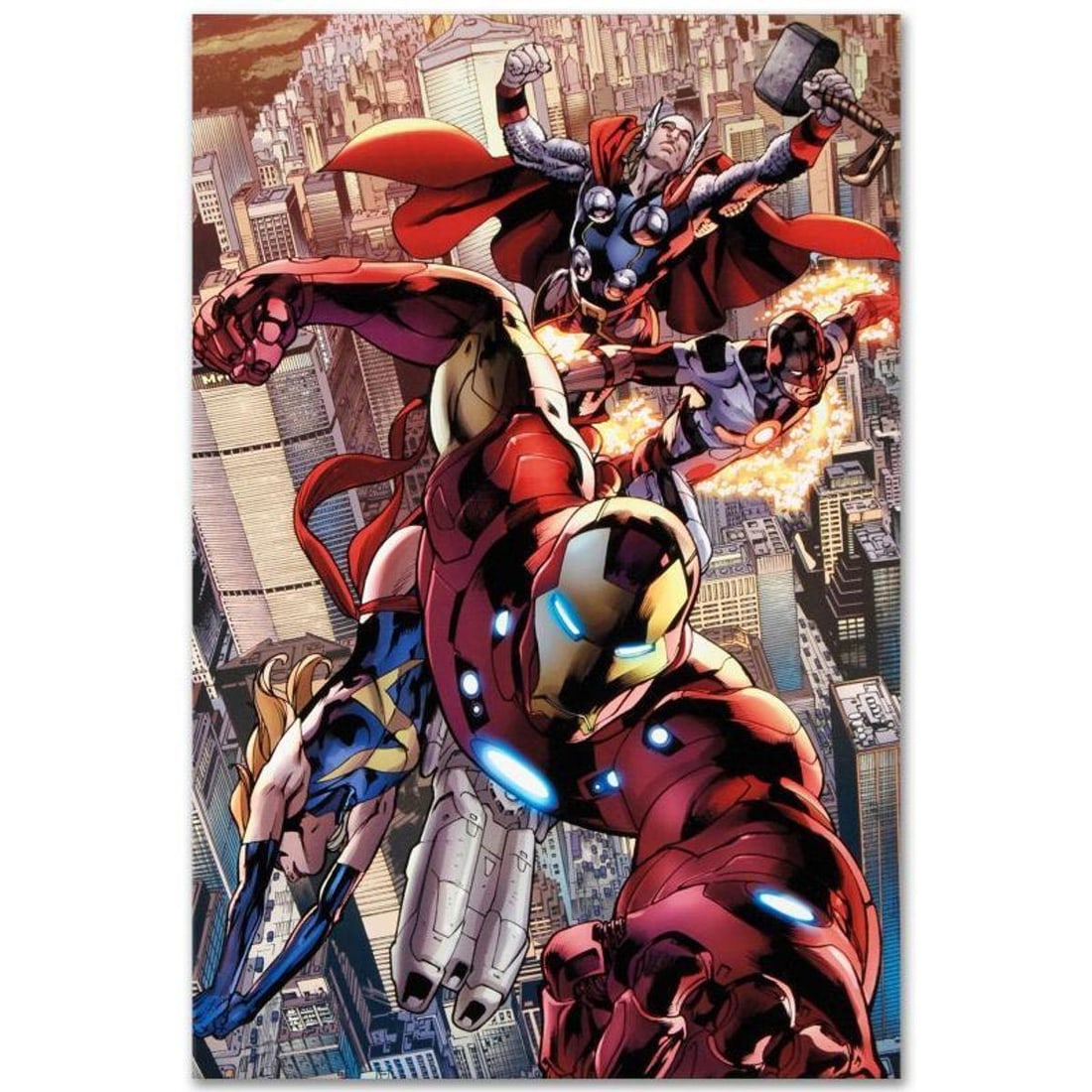 Marvel Comics "Avengers #12.1" Extremely Numbered Limited Edition Giclee on Canvas by Bryan Hitch: A piece of comic book history, this limited edition, from original art by Bryan Hitch, depicts an adventure packed scene starring Iron Man, Ms. Marvel, Protector and Thor. British artist Bryan Hitch w