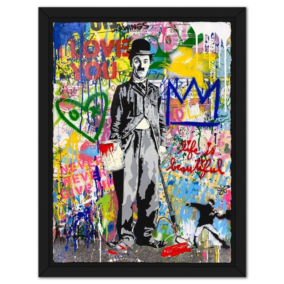 Mr. Brainwash, "Chaplin" Framed Mixed Media Original, Hand Signed with Certificate of Authenticity.: Chaplin is a mixed media original on deckle edge paper by Mr Brainwash, Hand Signed and thumbprinted inverso by the artist.This piece comes framed. Includes Certificate of Authenticity. Measures appro