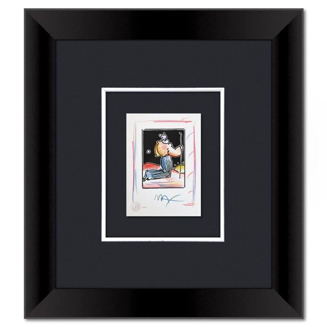 Peter Max, Framed One-of-a-Kind Mixed Media, Hand Signed with Registration Number Certifying: This is a one-of-a-kind mixed media on paper, hand signed by Peter Max. The piece comes custom framed with a backside cutout to display Peter Max Studio registration number 339146 certifying authentic