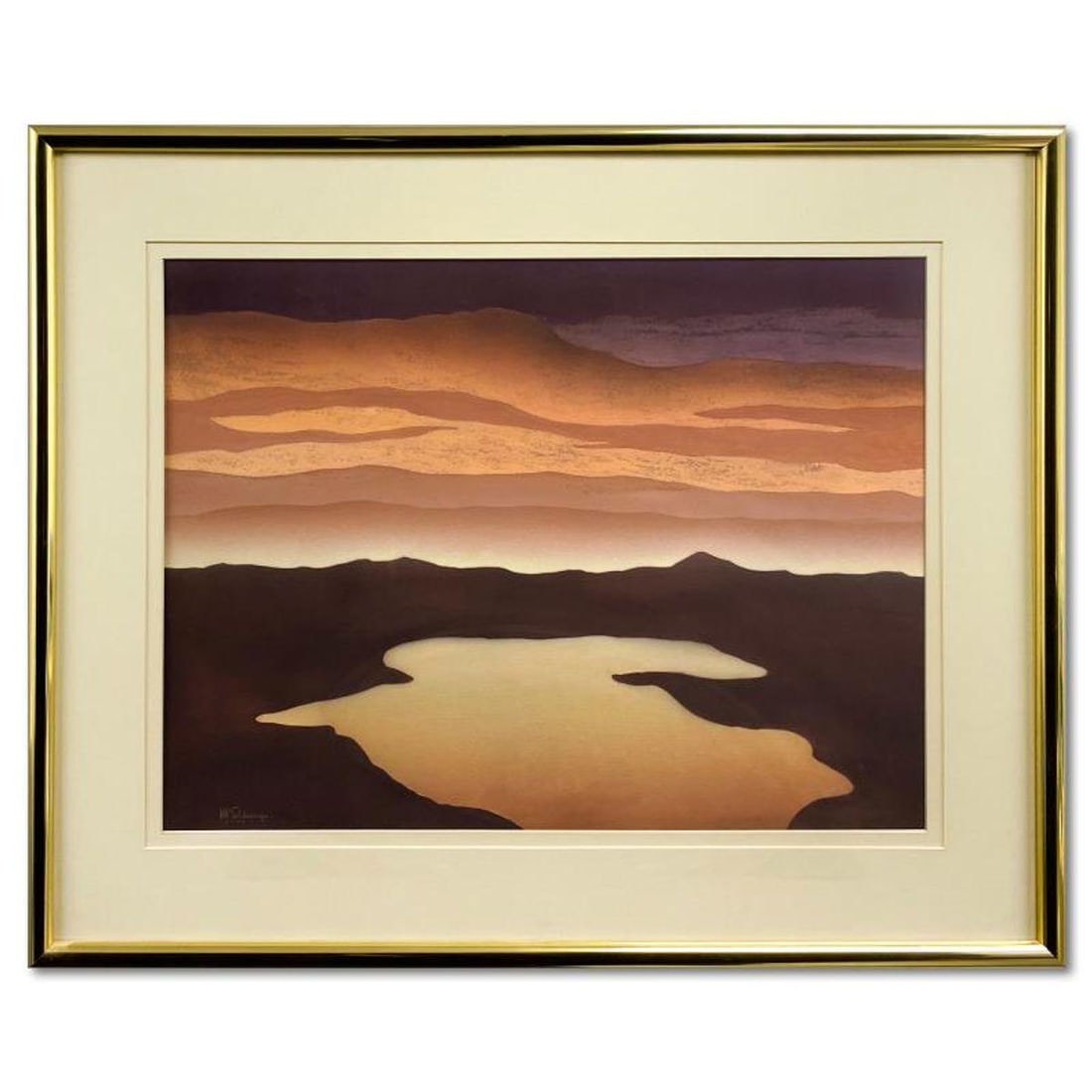William Schlesinger (1915-2011), "Desert Series #7" Framed Original Mixed Media Airbrush Painting,: Desert Series #7 is an original mixed media airbrush painting on paper by William Schlesinger (1915-2011), dated 1987 and hand signed by the artist. This piece comes framed. Includes Letter of Authent