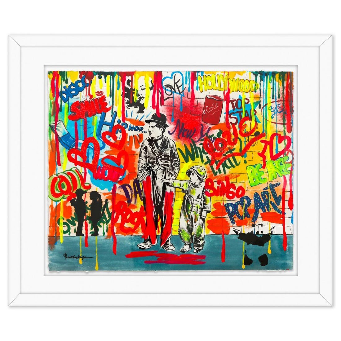 Nastya Rovenskaya- Original Mixed Media on Deckle Edge Paper "Wanna be like Chaplin": Artist: Nastya Rovenskaya. Medium: Original Mixed Media on Deckle Edge Paper. Title: Wanna be like Chaplin. Size: 24" x 30". Measures approx. 34" x 40" (framed). Signature: Hand Signed. Certificate of