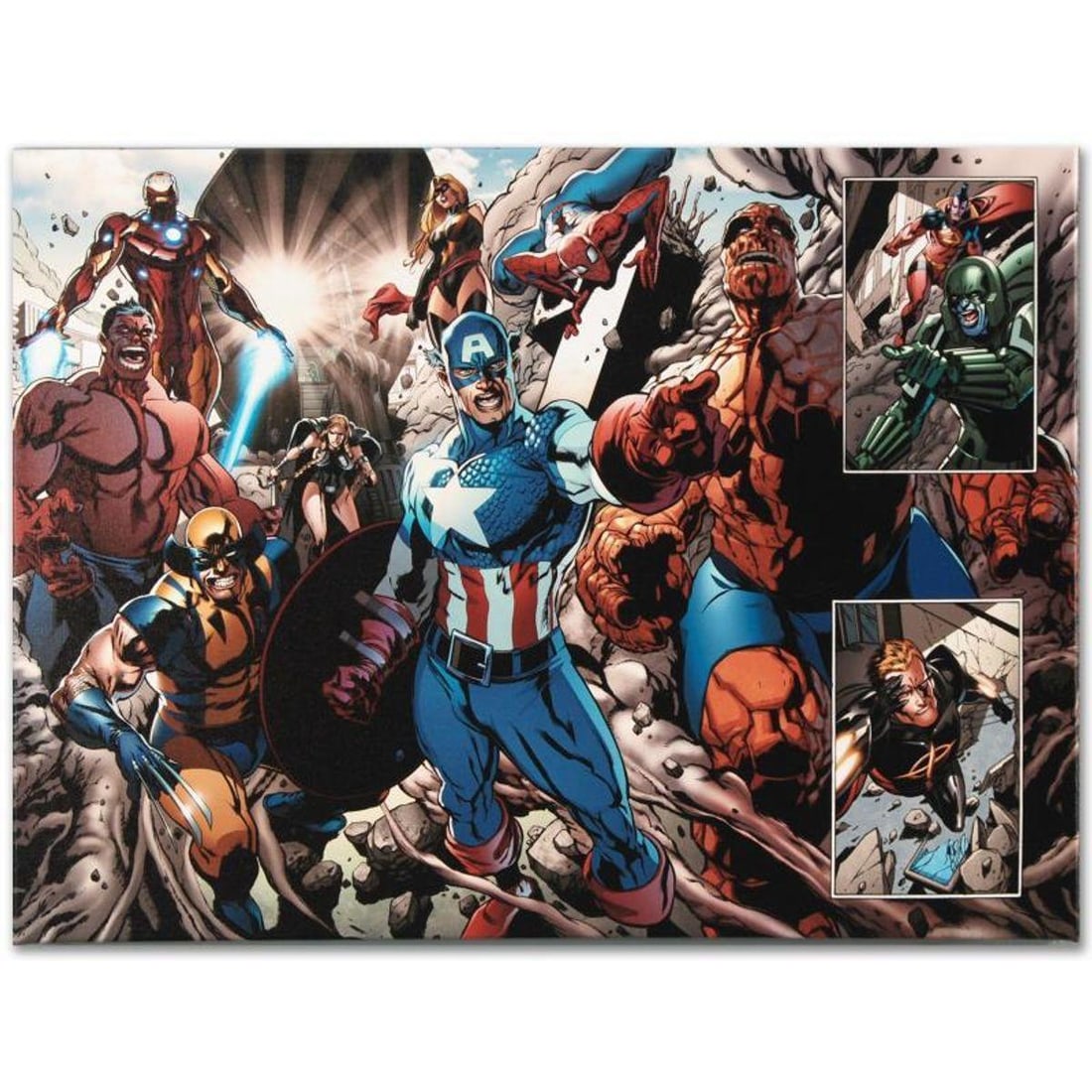 Marvel Comics "Earthfall #2" Numbered Limited Edition Giclee on Canvas by Tan Eng Huat with COA.: A piece of comic book history, this limited edition, from original art by Tan Eng Huat, depicts Iron Man, Red Hulk, Wolverine, Valkyrie, Ms.Marvel, Captain America, Thing, and Spider-Man. Named 'Best 