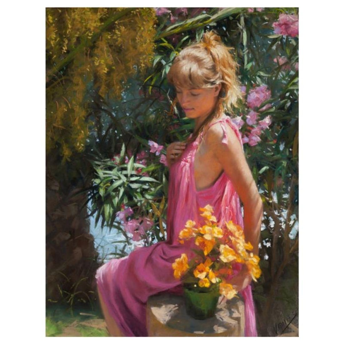 Vicente Romero, "In the Garden by the Sea" Hand Signed Limited Edition Giclee on Canvas with: In the Garden by the Sea is a limited edition giclee on canvas by Vicente Romero. The piece is hand signed, numbered, and come with a certificate of authenticity. Measures approximately 28" x 21".