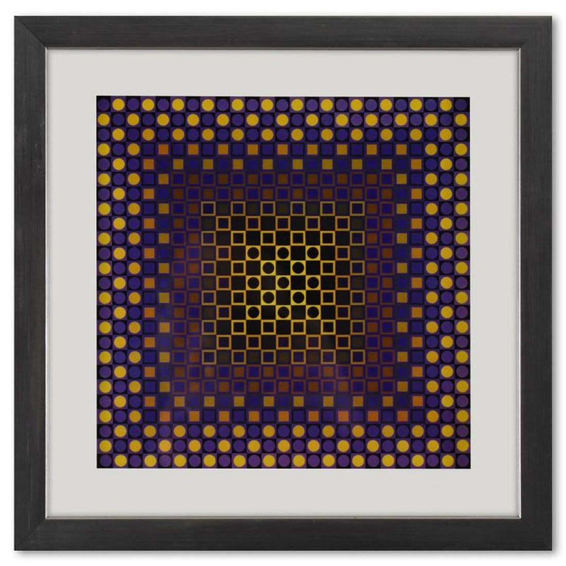 Victor Vasarely (1908-1997), "Alom (Purple/Yellow) de la serie Folklore Planetaire" Framed 1971: Alom (Purple/Yellow) de la serie Folklore Planetaire is a heliogravure print on paper, published in 1971, by Victor Vasarely (1908-1997). This piece comes custom framed, with a letter of authenticity 