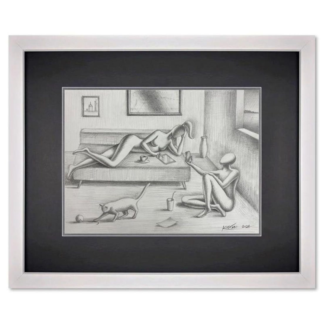 Mark Kostabi, "Whiling Away" Framed Original Drawing on Paper, Hand Signed with Certificate of (1 of 3)