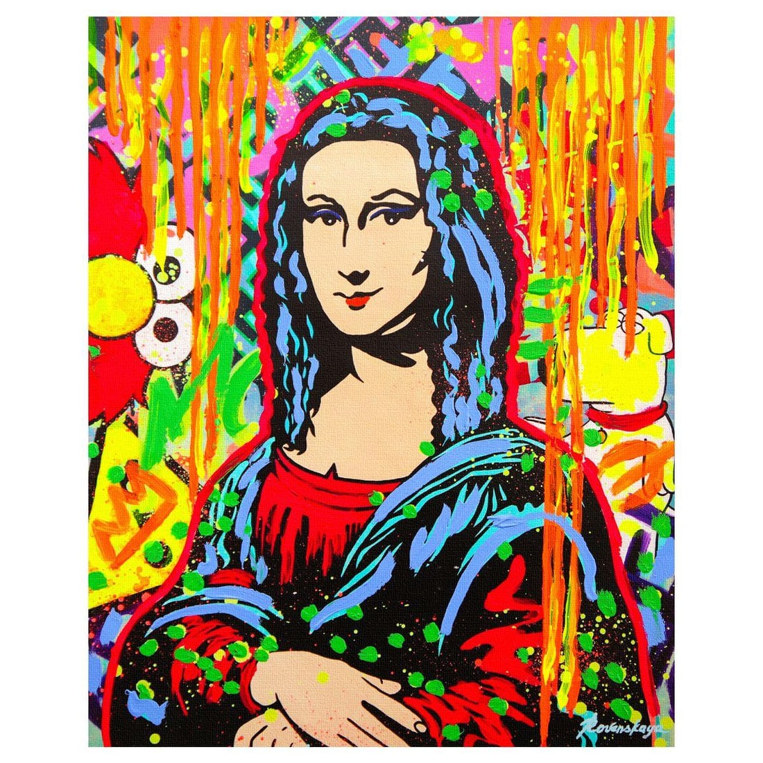 Nastya Rovenskaya- Mixed Media on Canvas "Mona Reimagined: Graffiti Muse": Artist: Nastya Rovenskaya. Medium: Mixed Media on Canvas. Title: Mona Reimagined: Graffiti Muse. Size: 20" x 16". Signature: Hand signed. Certificate of Authenticity: Is included. Reference#: 26336.
