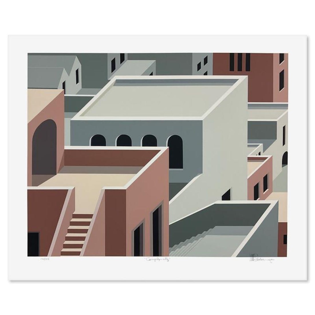 William Schlesinger (1915-2011), "Complex City" Limited Edition Serigraph, Numbered 170/225 and Hand: Complex City is a limited edition serigraph on paper by William Schlesinger (1915-2011), numbered 170/225 and hand signed by the artist. Includes Letter of Authenticity. Measures approx. 30.5" x 25.5"
