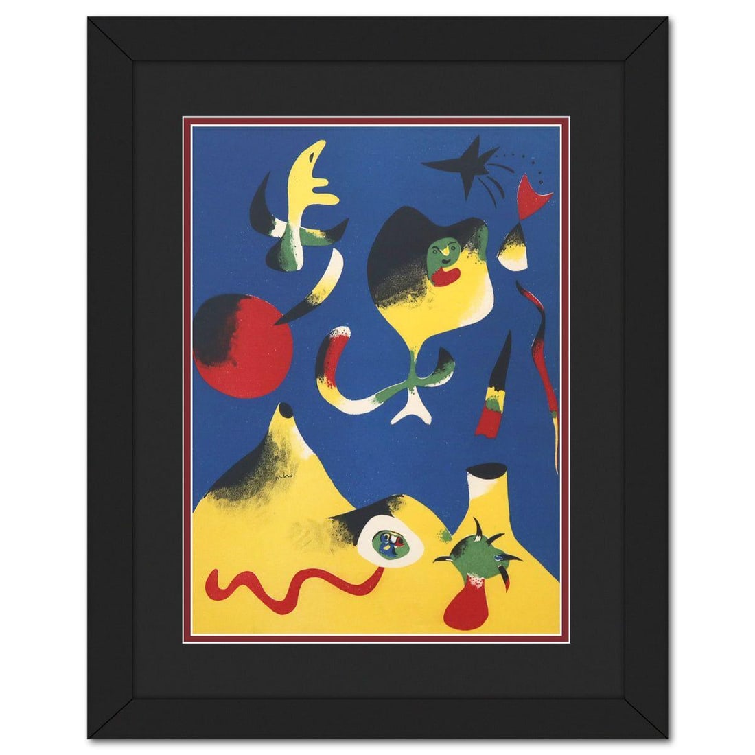 After Joan Miro- Stencil on Rivoli paper "L'air": Artist: After Joan Miro. Medium: Stencil on Rivoli paper. Title: L'air. Size: 14" x 10". Measures approx. 19.5" x 16" (framed). Certificate of Authenticity: Is included. Reference#: 64010.
