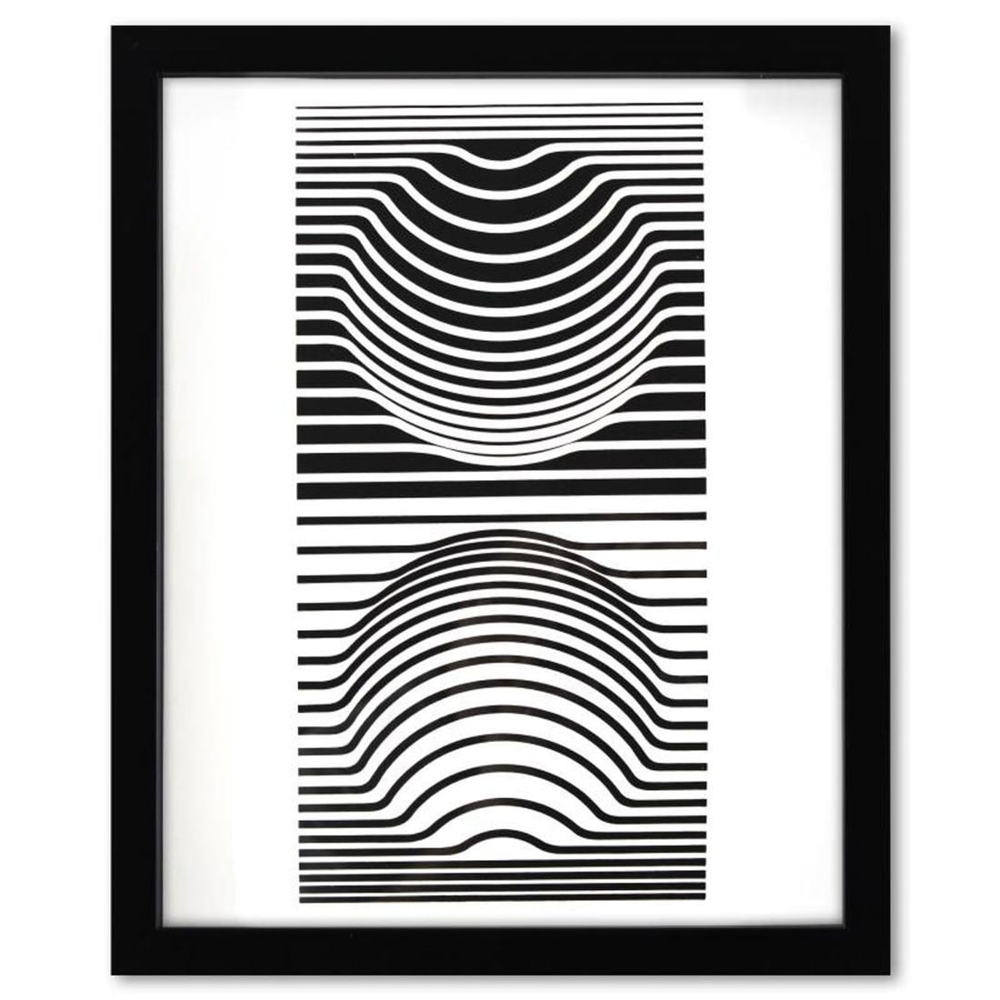 Victor Vasarely (1908-1997), "Sir -Ris de la serie Ondulatoires" Framed 1973 Heliogravure Print with: Sir -Ris de la serie Ondulatoires is a heliogravure print on paper, published in 1973, by Victor Vasarely (1908-1997). This piece comes custom framed, with a letter of authenticity and with a 1976 Vas