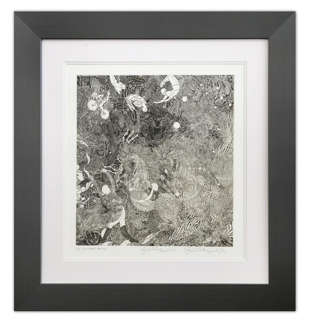 Guillaume Azoulay- Original Etching "Le Cirque": Artist: Guillaume Azoulay. Medium: Original Etching. Title: Le Cirque. Size: 22" x 20". Measures approx. 33" x 32" (framed). Signature: Hand Signed by the artist. Certificate of Authenticity: is inclu