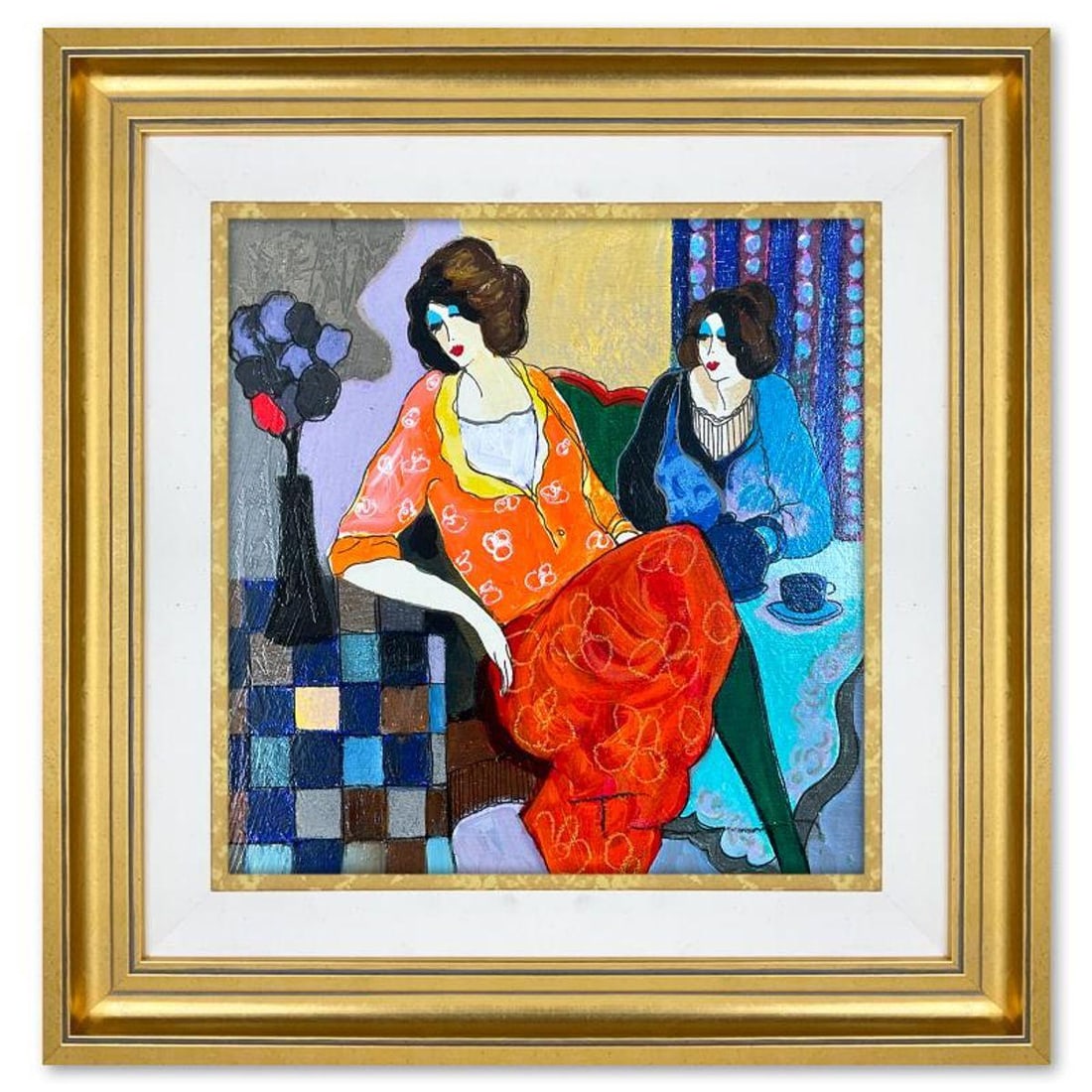 Itzchak Tarkay (1935-2012), "Sisters" Framed One-of-a-Kind Mixed Media Over Paint on Wood, Hand (1 of 2)