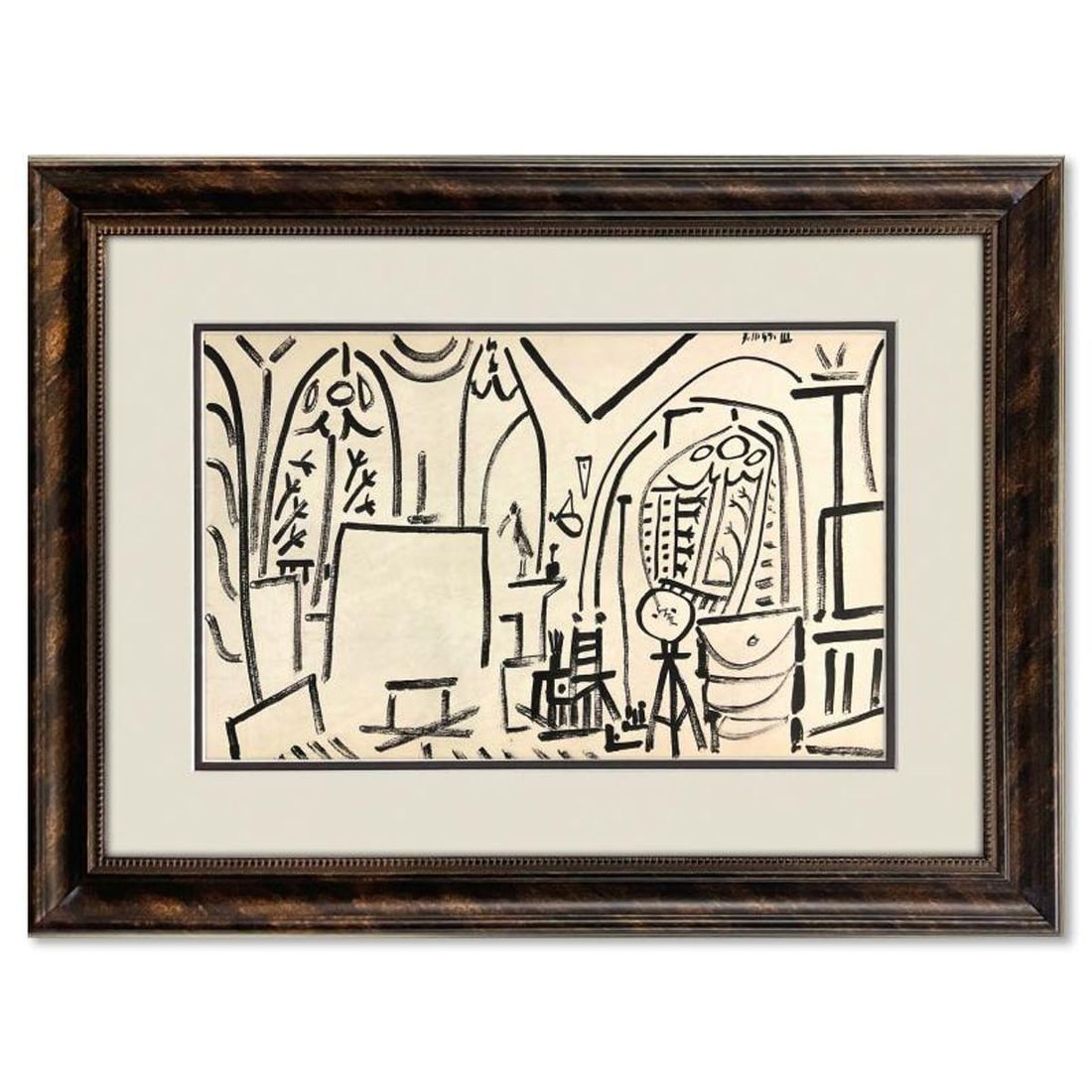 Pablo Picasso (1881-1973), "Carnet de Californie 3.11.55-III" Framed Vintage Lithograph on Paper: Carnet de Californie 3.11.55-III is a vintage lithograph on paper by Pablo Picasso (1881-1973). This piece is from Picasso's Carnet de Californie Series and was printed in Paris, France by Mourlot Stu