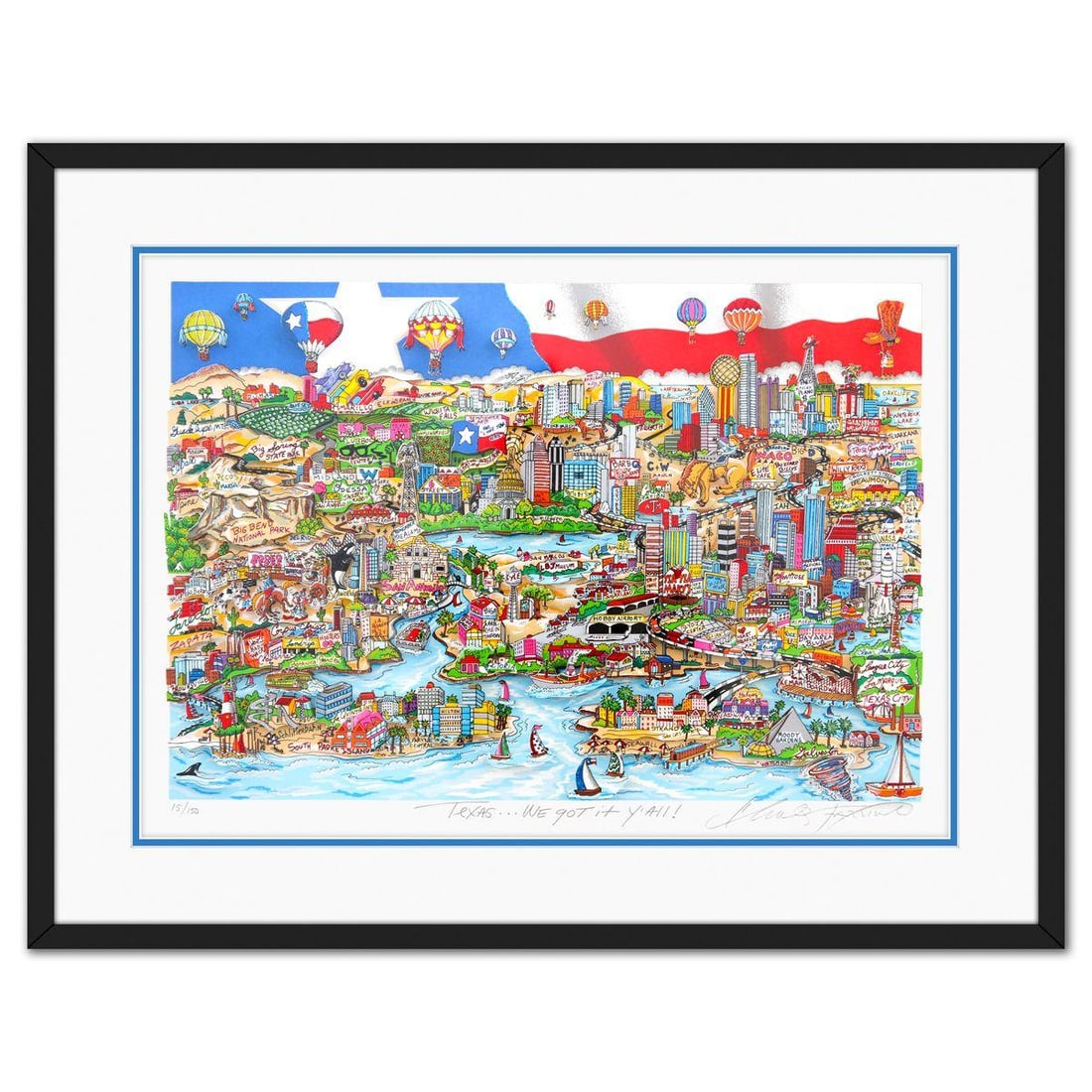 Charles Fazzino- 3D Construction Silkscreen Serigraph "Texas... We Got it Yall": Artist: Charles Fazzino. Medium: 3D Construction Silkscreen Serigraph. Title: Texas... We Got it Yall. Size: 17" x 23". Measures approx. 23" x 29" (framed). Signature: Hand signed and numbered. Certif