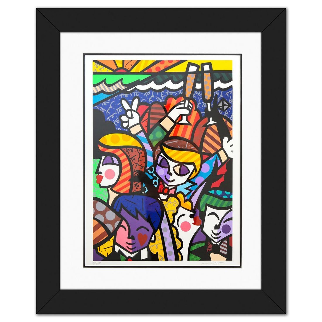 Romero Britto- Serigraph "Celebration": Artist: Romero Britto. Medium: Serigraph. Title: Celebration . Size: 25" x 18". Measures approx. 36" x 29" (framed). Signature: Hand signed and numbered. Certificate of Authenticity: Is included. Addi