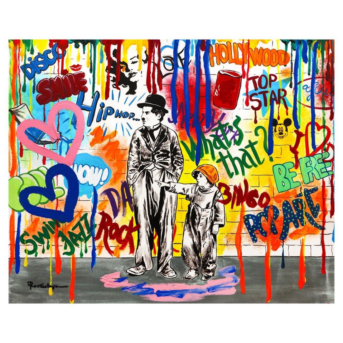 Nastya Rovenskaya- Mixed Media on Canvas "Wanna be like Chaplin": Artist: Nastya Rovenskaya. Medium: Mixed Media on Canvas. Title: Wanna be like Chaplin. Size: 24" x 30". Signature: Hand signed. Certificate of Authenticity: Is included. Reference#: 52374.