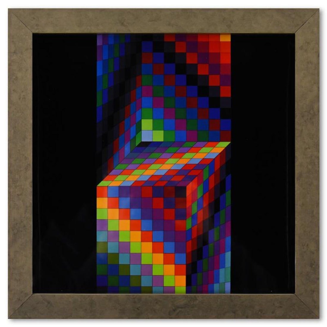 Victor Vasarely (1908-1997), "Axo - 77 de la serie Hommage A L'Hexagone" Framed 1971 Heliogravure: Axo - 77 de la serie Hommage A L'Hexagone is a heliogravure print on paper, published in 1971, by Victor Vasarely (1908-1997). This piece comes custom framed, with a letter of authenticity and with a 