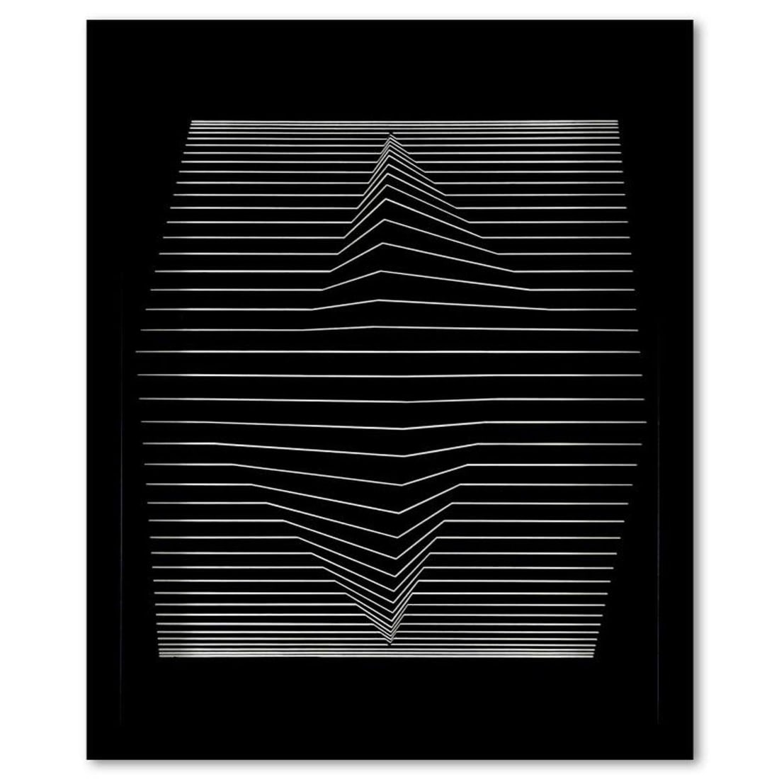 Victor Vasarely (1908-1997), "Ilile - II de la serie Ondulatoires" Framed 1973 Heliogravure Print: Ilile - II de la serie Ondulatoires is a heliogravure print on paper, published in 1973, by Victor Vasarely (1908-1997). This piece comes custom framed, with a letter of authenticity and with a 1976 V