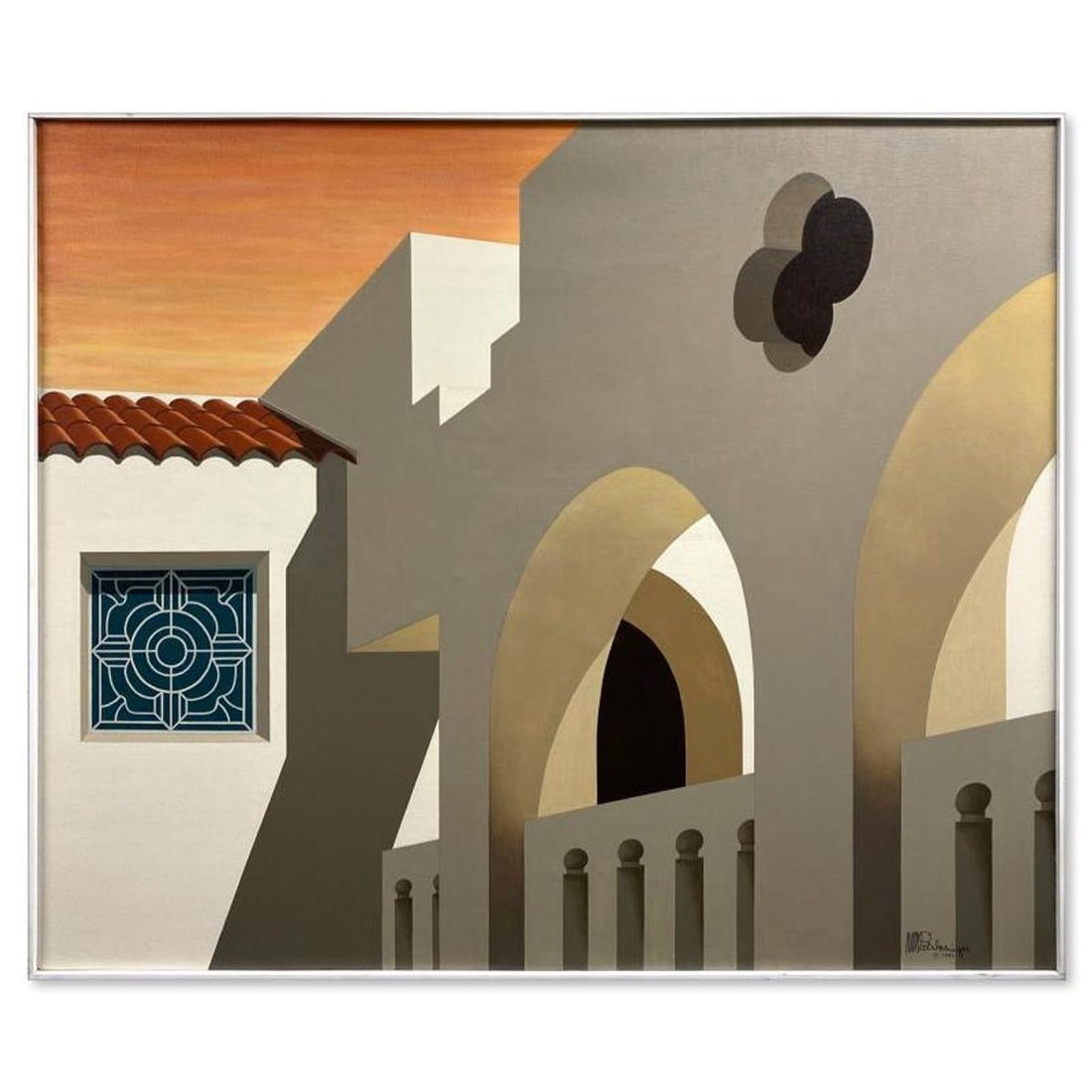 William Schlesinger (1915-2011), "Patio Del Sol" Framed Original Oil Painting on Canvas (40" x: Patio Del Sol is an original oil painting on canvas by William Schlesinger (1915-2011), dated 1983 and hand signed by the artist. This piece comes framed in a box frame; due to the age of the piece th