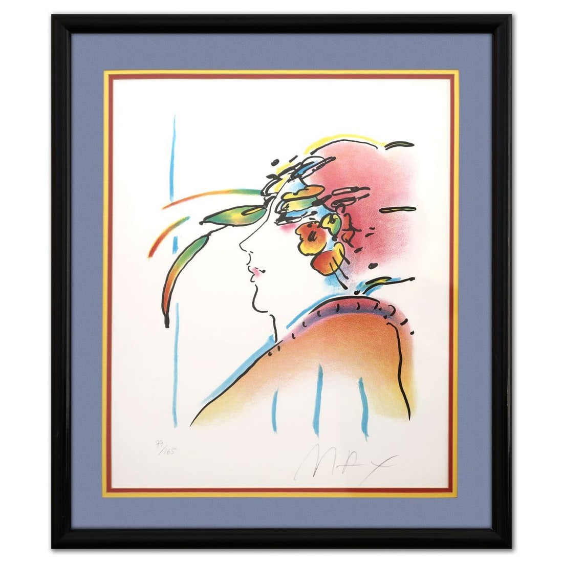 Peter Max- Lithograph "Lady with Feathers": Artist: Peter Max. Medium: Lithograph. Title: Lady with Feathers. Size: 23" x 19". Measures approx. 30" x 26" (framed). Signature: Hand signed and numbered. Certificate of Authenticity: Is included. R