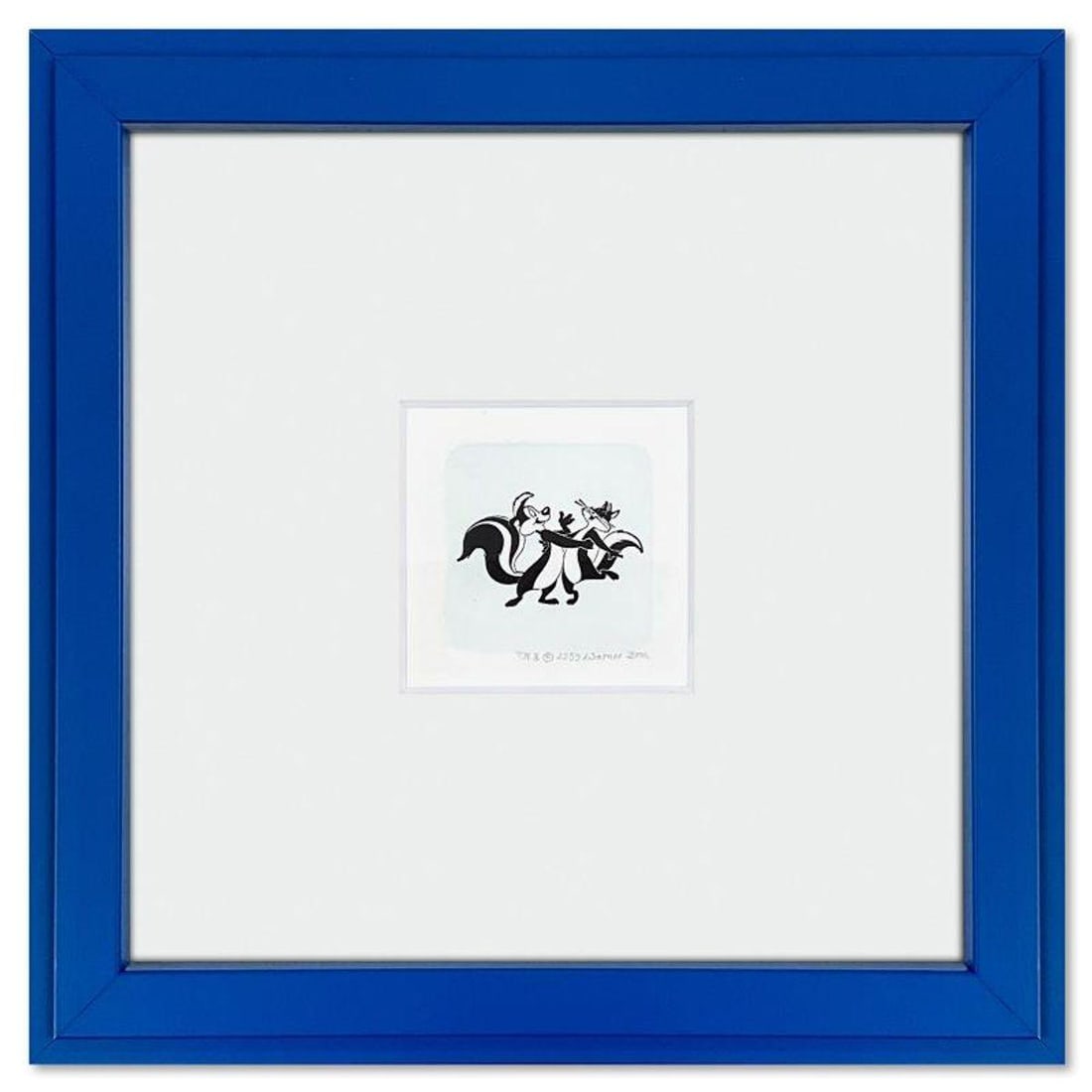 Pepe Le Pew & Penelope Pussycat Framed Limited Edition Etching with Hand Tinted Color from Warner: Pepe Le Pew & Penelope Pussycat is a limited edition etching on paper with hand tinted coloring from Warner Bros., numbered and dated 1999. This piece comes framed. Measures approx. 9" x 9" (frame), 1