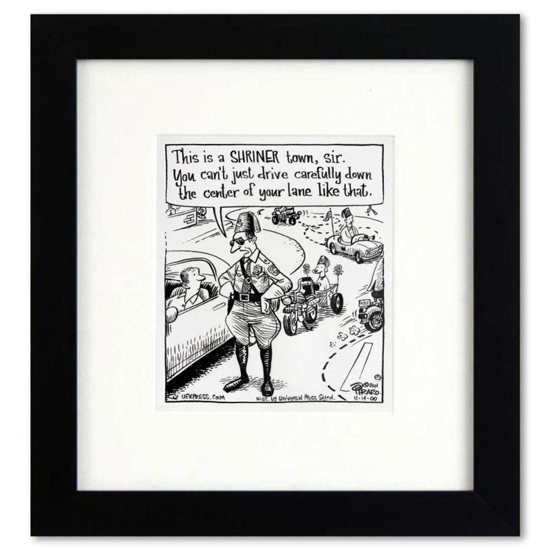 Bizarro, "Shriner Town" is a Framed Original Pen & Ink Drawing by Dan Piraro, Hand Signed with: Enter a surreal and satirical world of twisted imagination and award winning creativity. "Shriner Town" is an original pen & ink drawing on paper by Dan Piraro, creator of the critically acclaimed