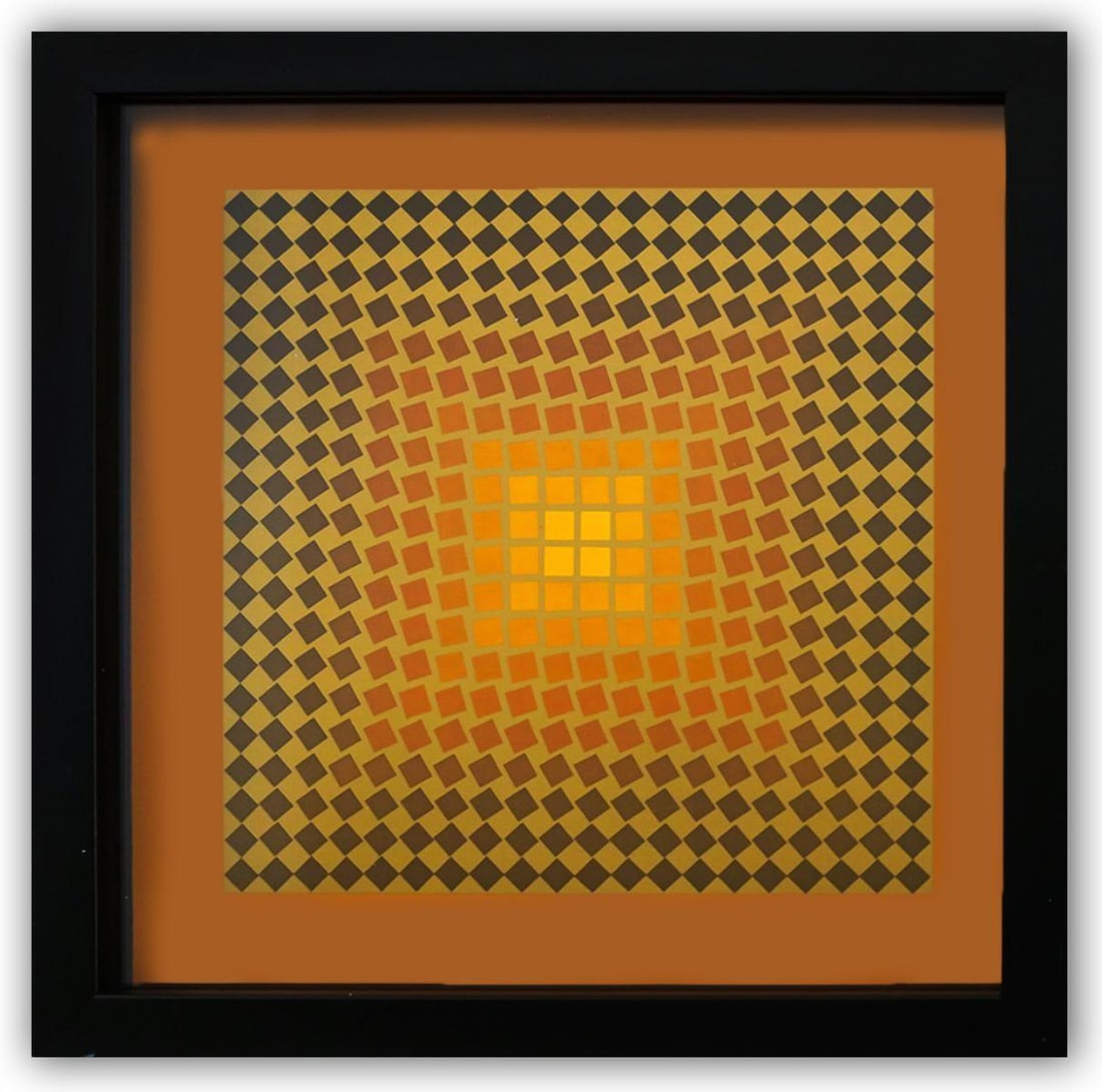Victor Vasarely- Heliogravure Print "Untitled": Artist: Victor Vasarely. Medium: Heliogravure Print. Title: Untitled. Size: 11" x 11". Measures approx. 12" x 12" (framed). Certificate of Authenticity: Is Included. Additional: Custom Framed. Referen