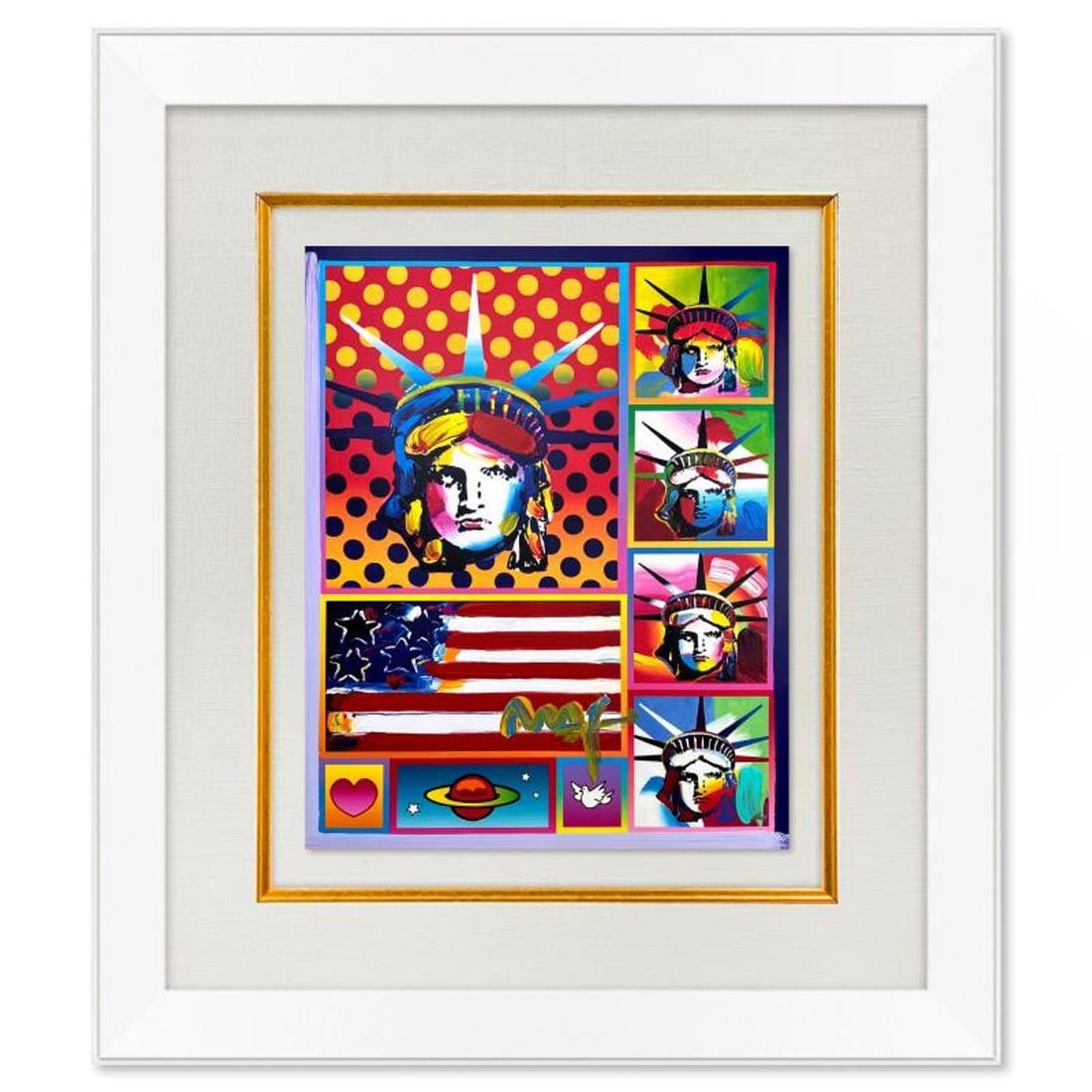 Peter Max, "5 Liberties and Flag" Framed One-of-a-Kind Mixed Media, Hand Signed with Registration (1 of 2)