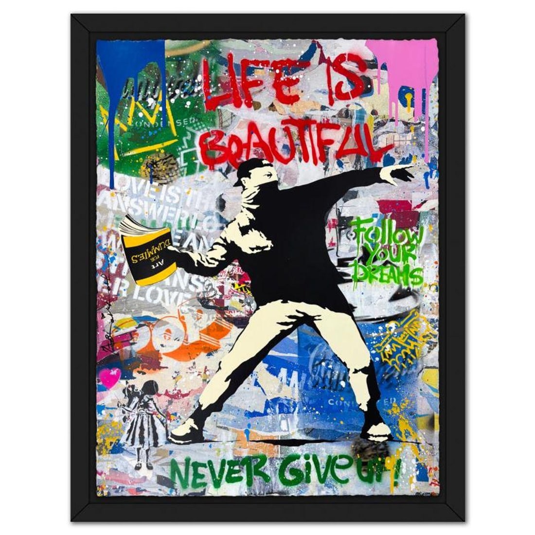 Mr Brainwash, '"Banksy Thrower" Framed Mixed Media Original, Hand Signed with Certificate of: Banksy Thrower is a mixed media original on deckle edge paper by Mr Brainwash, hand signed and thumbprinted inverso by the artist. This piece comes custom framed. Includes Certificate of Authenticity.