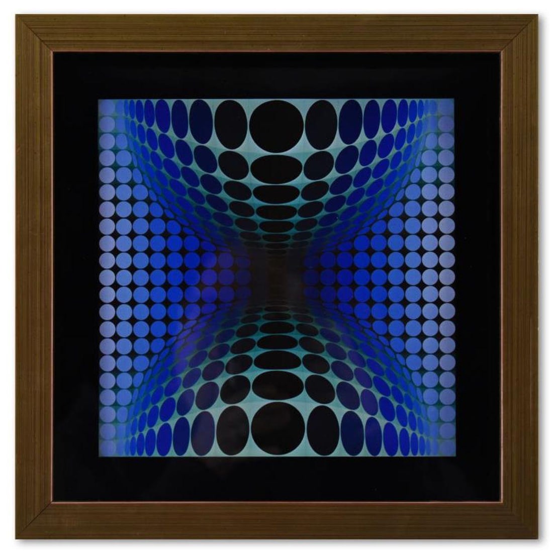 Victor Vasarely (1908-1997), "OND - II de la serie Vega" Framed 1971 Heliogravure Print with Letter: OND - II de la serie Vega is a heliogravure print on paper, published in 1971, by Victor Vasarely (1908-1997). This piece comes custom framed, with a letter of authenticity and with a 1976 Vasarely pa