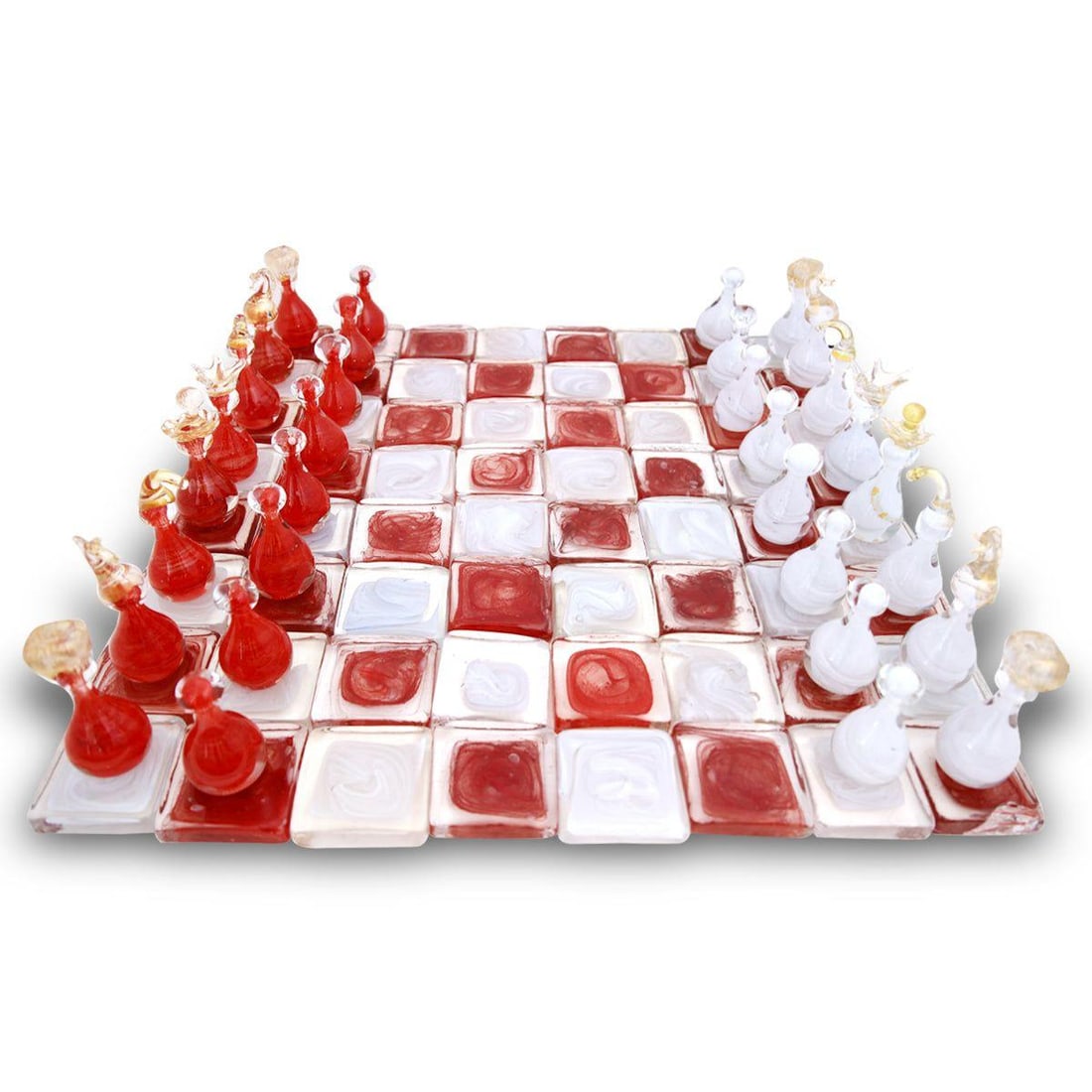 Jean-Claude Novaro- Red and White Hand Blown Glass Chess Set: Artist: Jean-Claude Novaro. Medium: Red and White Hand Blown Glass Chess Set. Size: 33" x 33". Signature: Signed and Dated. Additional: Please note that two pieces are damaged.. Reference#: 74471.