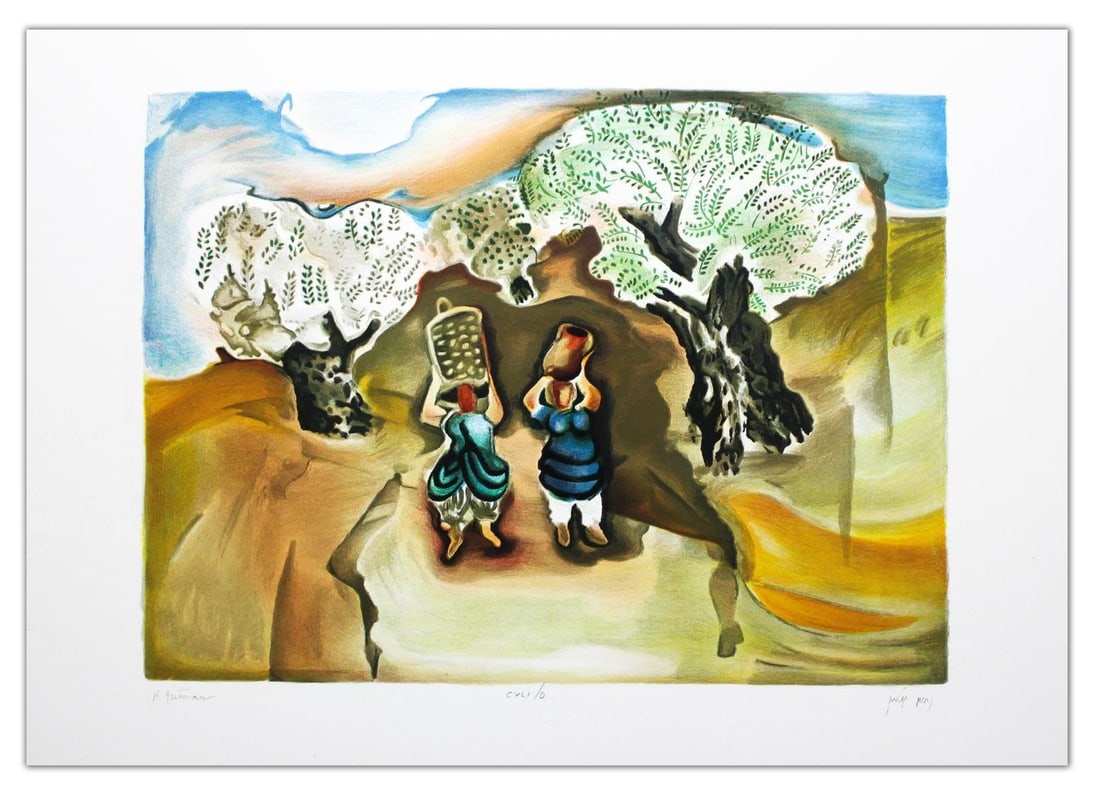 Nachum Gutman- Original Lithograph "Olive Pickers": Artist: Nachum Gutman. Medium: Original Lithograph. Title: Olive Pickers. Size: 20" x 27.5". Signature: Hand Signed and Numbered by the Artist. Certificate of Authenticity: Is Included. Reference#: 21