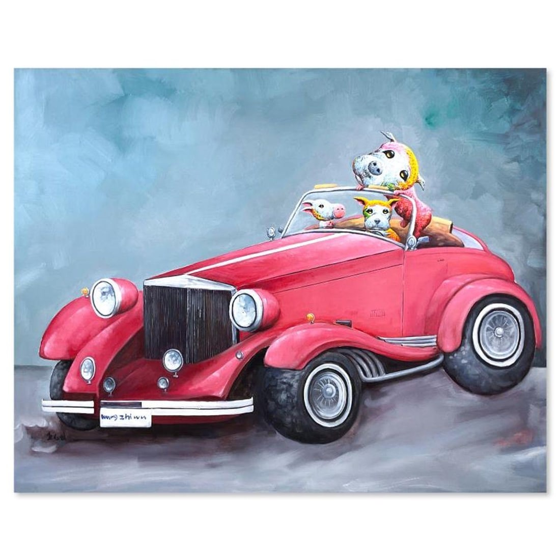 Wang, "Convertible Classic" Original Mixed Media Painting on Gallery Wrapped Canvas (44" x 55"),: Convertible Classic is an original mixed media painting on canvas by Wang, hand signed by the artist. This piece comes gallery wrapped. Includes Letter of Authenticity. Measures approx. 44" x 55" (ima