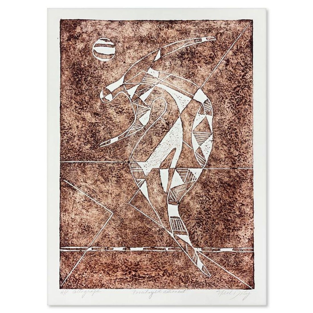 Neal Doty (1941-2016), "Fossilized Astronaut" Limited Edition Collograph from an AP edition, Hand: Fossilized Astronaut is a limited edition collograph on paper from an AP edition by Neal Doty (1941-2016), hand signed by the artist. Includes Letter of Authenticity. Measures approx. 20" x 26"
