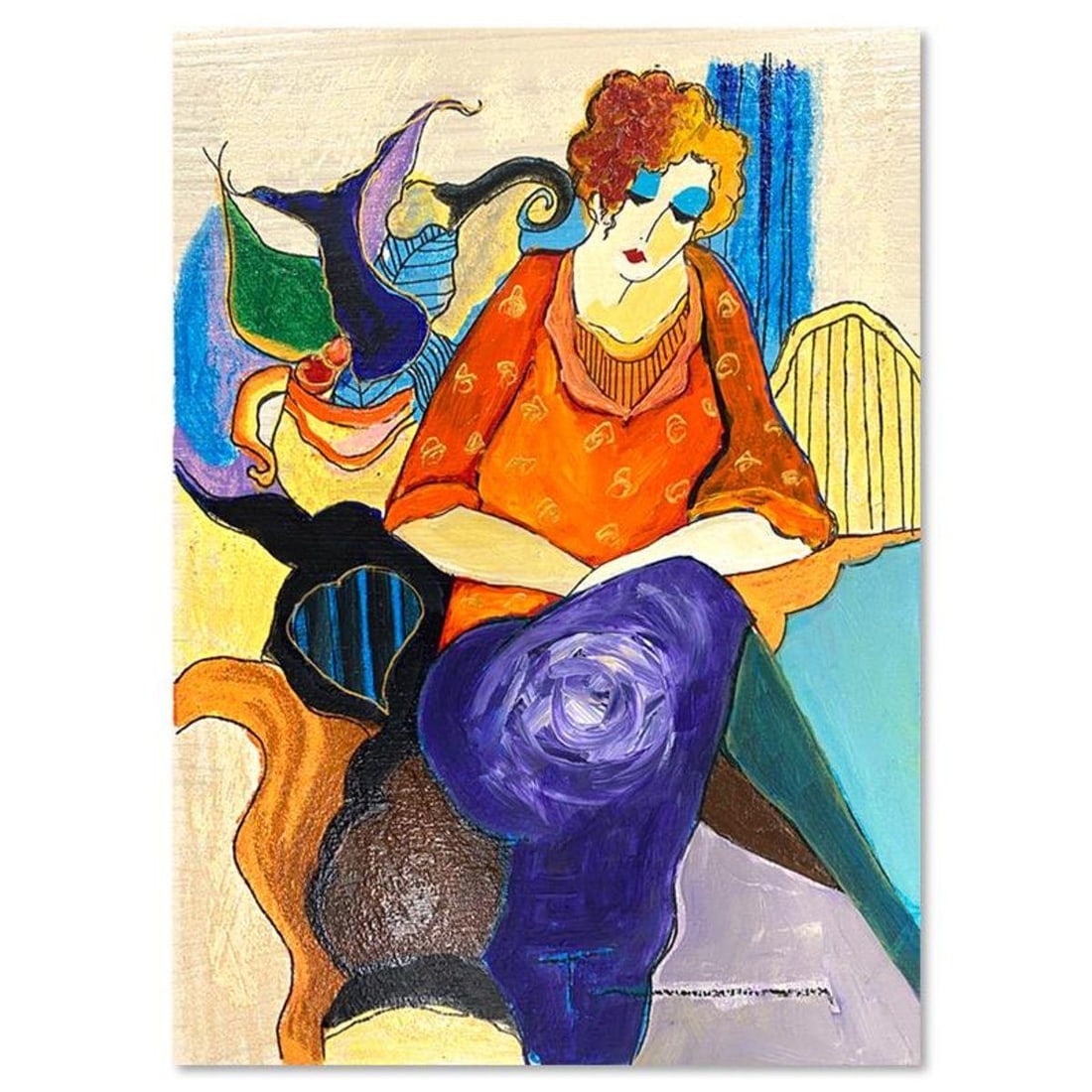 Itzchak Tarkay (1935-2012), "Waiting" One-of-a-Kind Mixed Media Over Paint on Wood, Hand Signed with (1 of 2)