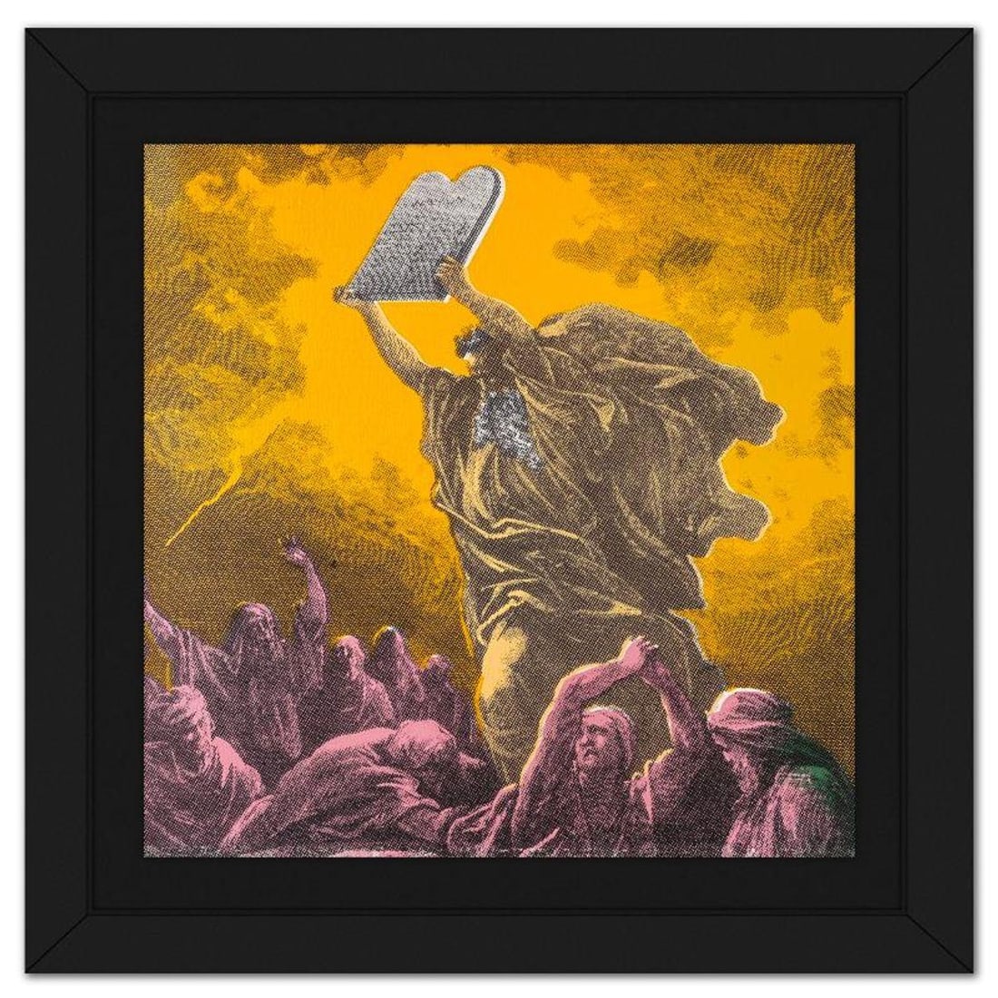 Steve Kaufman (1960-2010), "Moses & the Ten Commandments" Framed Hand Embellished Limited Edition: Moses & the Ten Commandments is a hand embellished limited edition silkscreen on canvas by Andy Warhol protege, Steve Kaufman (1960-2010), numbered AP 22/50 inverso and hand signed by the artist. This