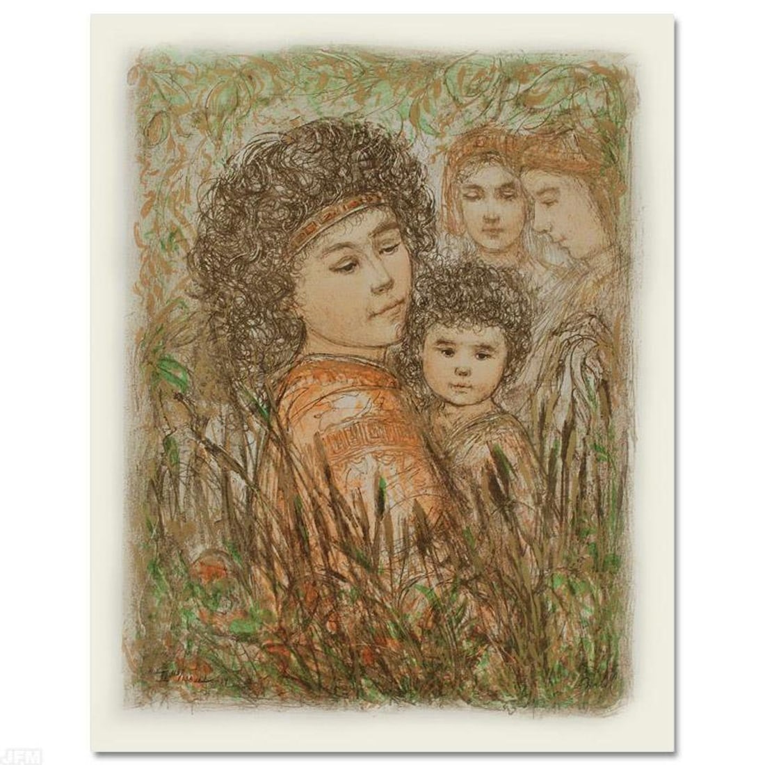 Pharaoh's Daughter with Moses in Bulrushes Limited Edition Lithograph by Edna Hibel (1917-2014),: Pharaoh's Daughter with Moses in Bulrushes is a limited edition lithograph on paper, numbered and hand signed by Edna Hibel (1917-2014). Includes Certificate of Authenticity! Measures approx. 18" x 22