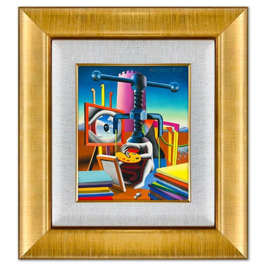 Mark Kostabi, "The Pleasure of Pressure" Framed Original Oil Painting on Canvas, Hand Signed with a (1 of 3)