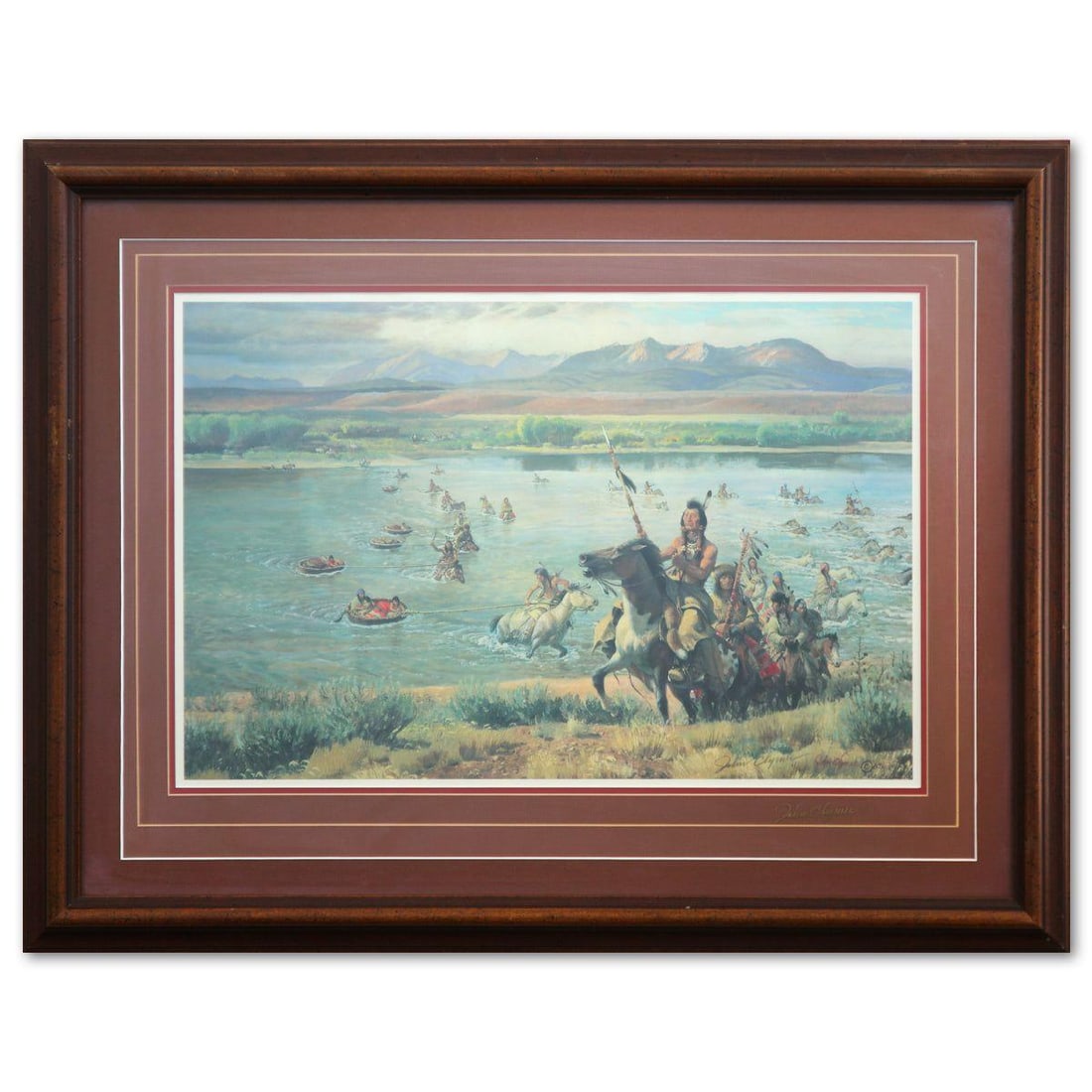 John Clymer- Offset Lithograph "Indians at River": Artist: John Clymer. Medium: Offset Lithograph. Title: Indians at River. Size: 16" x 20". Measures approx. 27" x 35" (framed). Signature: Signed and numbered. Additional: Disclaimer: The frame shows s