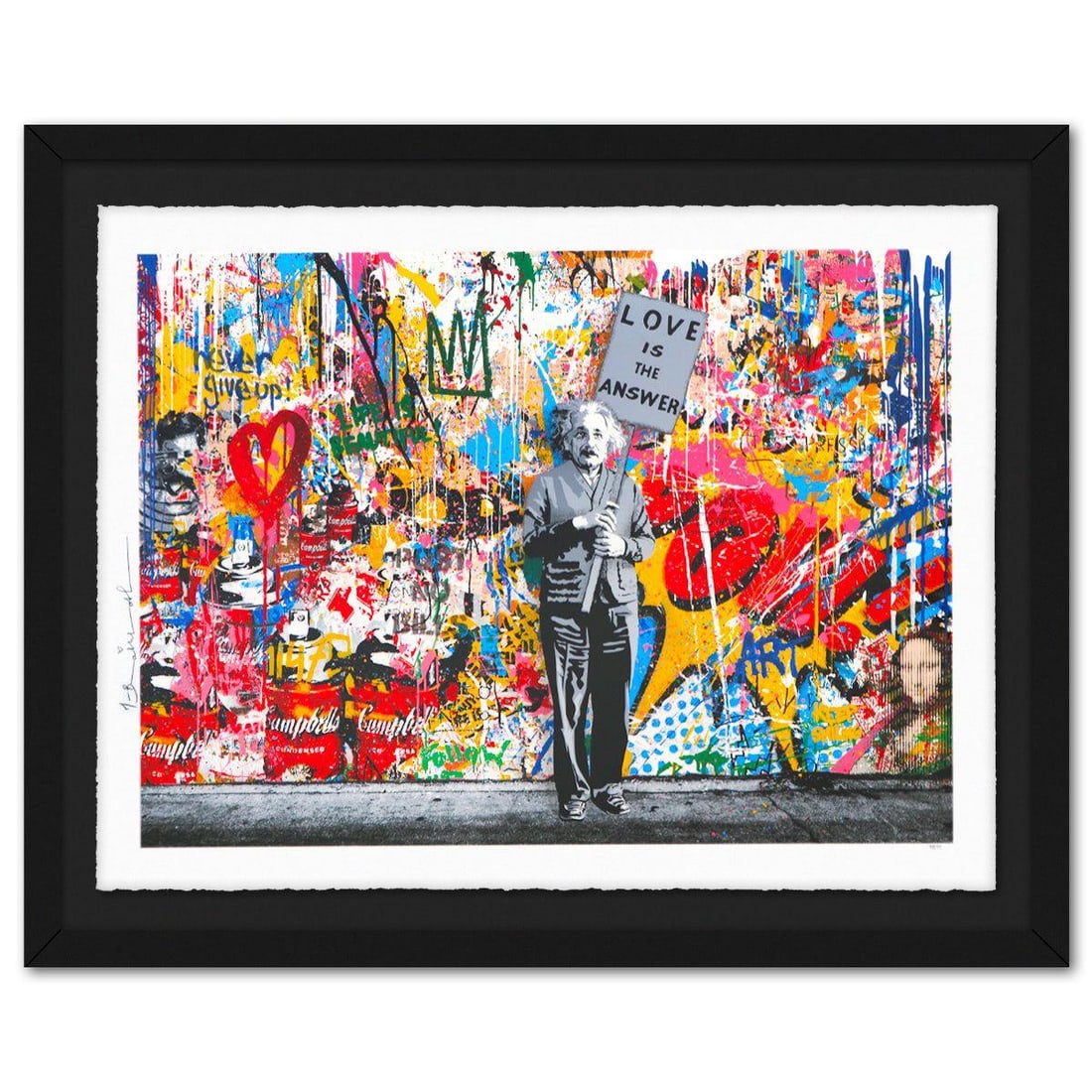 Mr Brainwash- Silkcreen on Paper "M=bw² - Collage, 2024": Artist: Mr Brainwash. Medium: Silkcreen on Paper. Title: M=bw² - Collage, 2024. Size: 22" x 30". Measures approx. 28" x 35" (framed). Signature: Hand signed and numbered. Certificate of Authenticity: