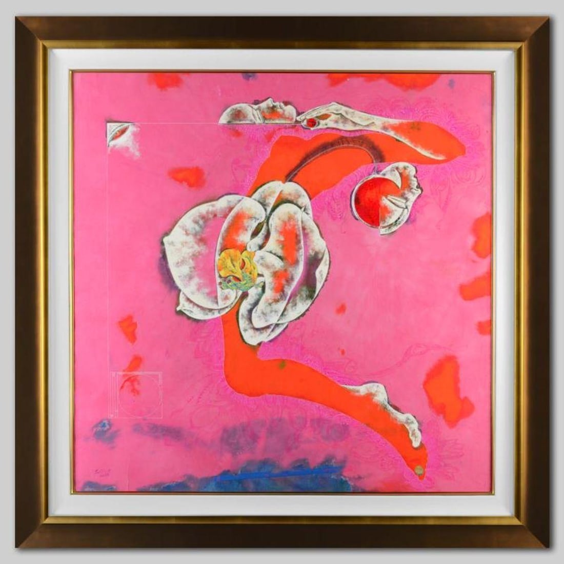 Lu Hong, "Eden in Summer II" Framed Original Multi-Media Painting on Rice Paper (50.5" x 50.5"),: Lu Hong's "Eden in Summer II" is one of two original artworks with this theme, finished in the summer of 2007. Inspired by the Ancient Chinese poet Wen Tingjun, who was known for his sumptuously style