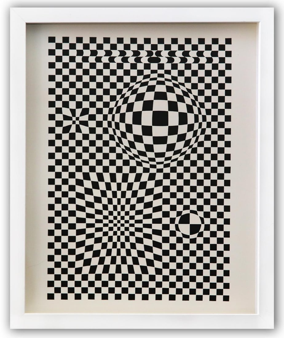 Victor Vasarely- Heliogravure Print "Untitled": Artist: Victor Vasarely. Medium: Heliogravure Print. Title: Untitled. Size: 14" x 11". Measures approx. 15" x 12" (framed). Additional: Custom Framed. Reference#: 21590.