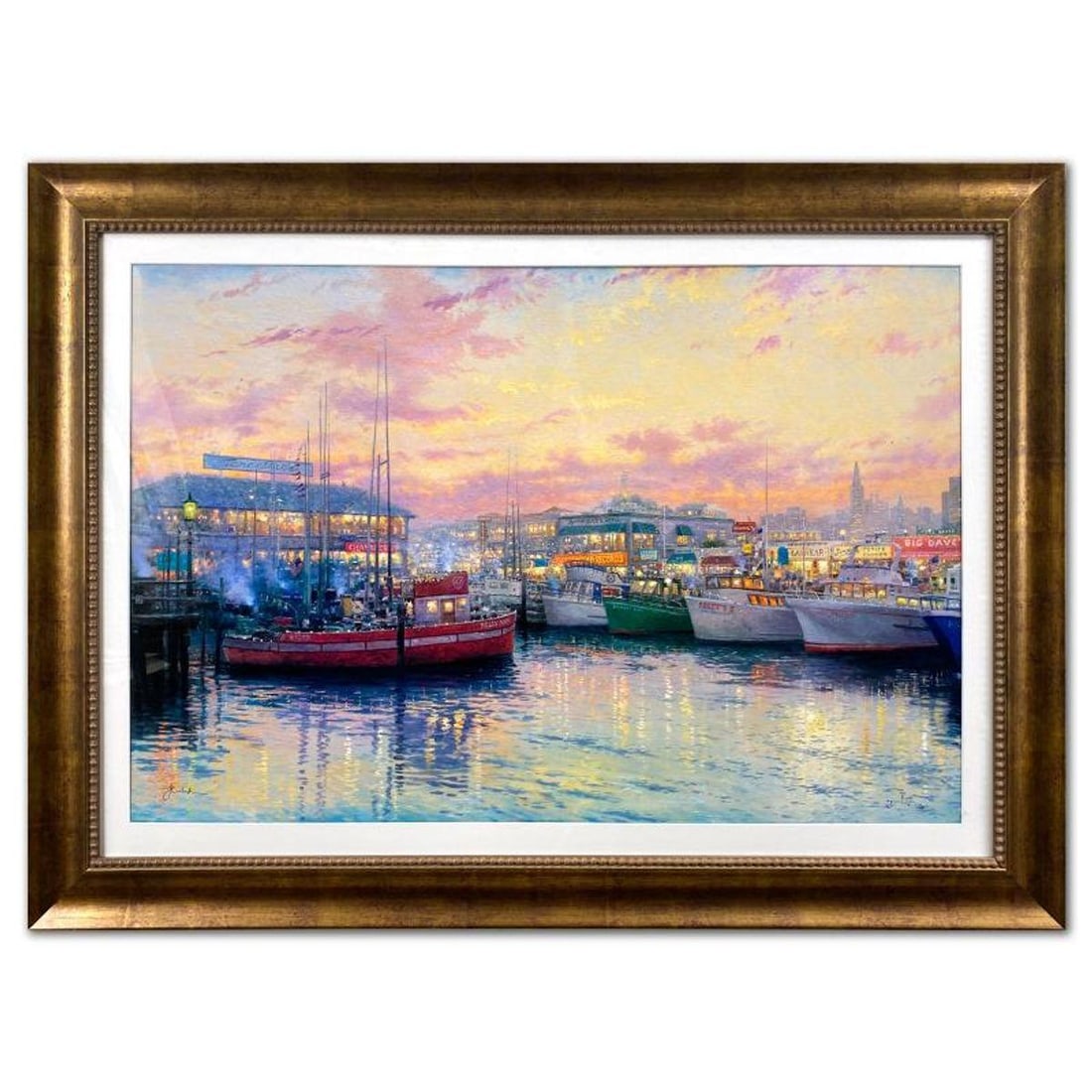 Thomas Kinkade (1958-2012), "Fisherman's Wharf, San Francisco" Framed Limited Edition Lithograph,: Fisherman's Wharf, San Francisco is a limited edition offset lithograph on paper by Thomas Kinkade (1958-2012), numbered and bearing Kinkade's authorized signature. This piece is framed. Measures appr