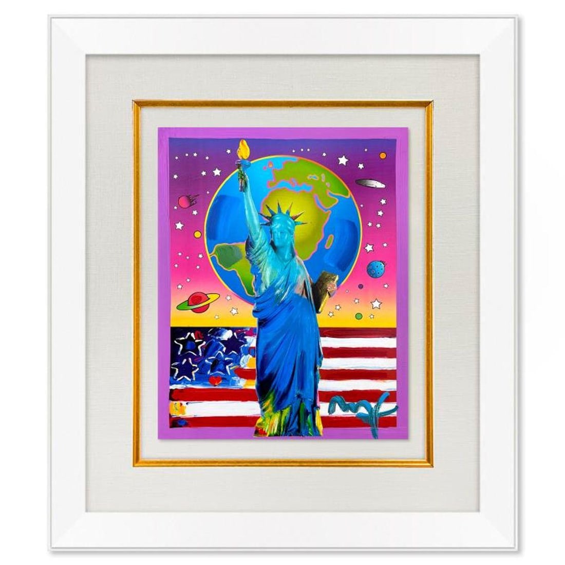 Peter Max, "Liberty, Earth and Flag" Framed One-of-a-Kind Mixed Media, Hand Signed with Registration (1 of 2)