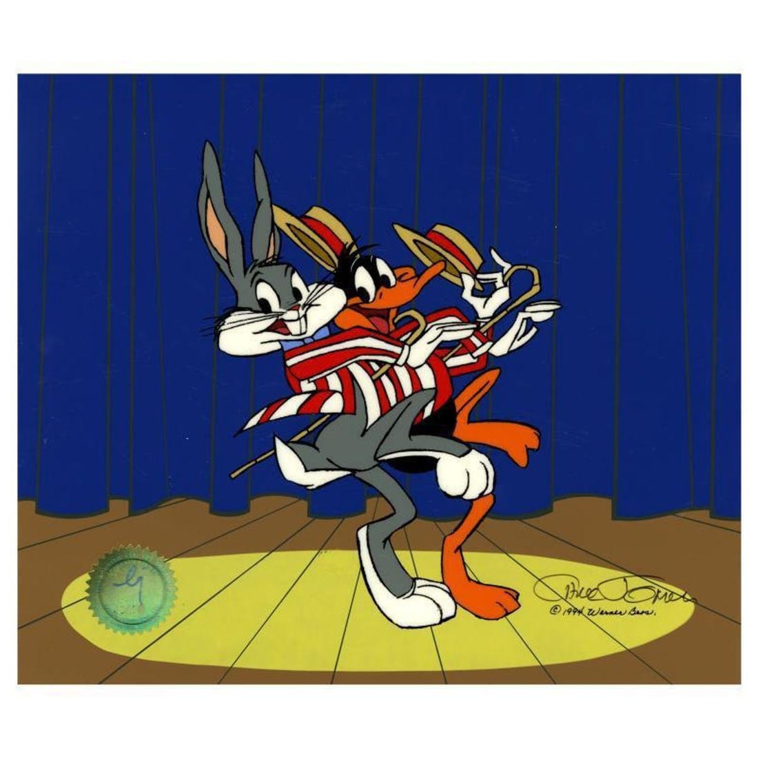 Chuck Jones "Bugs And Daffy: Curtain Call" Hand Signed, Hand Painted Limited Edition Sericel.: Bugs And Daffy: Curtain Call is a limited edition animation cel with hand painted coloring on sericel outline. The piece is numbered, hand signed by Chuck Jones (1912-2002), and includes a