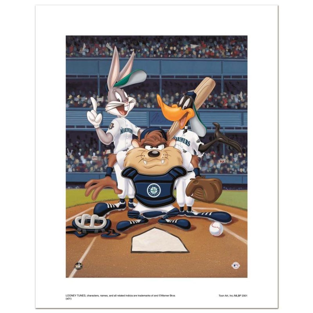 At the Plate (Mariners) Numbered Limited Edition Giclee from Warner Bros. with Certificate of: At the Plate (Mariners) is a limited edition giclee on paper from Warner Bros. featuring iconic Looney Tunes characters in Seattle Mariners MLB uniforms. It comes numbered, with hologram seal, and a C