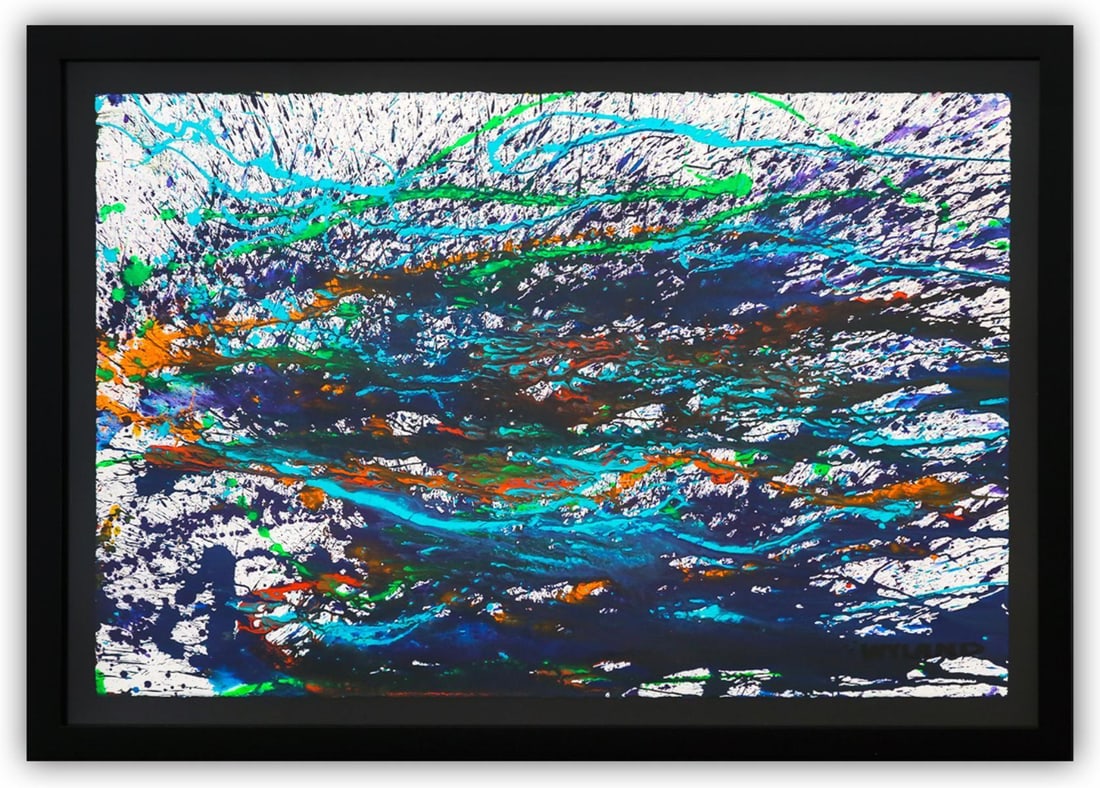 Wyland- Original Watercolor Painting on Deckle Edge Paper "Abstract": Artist: Wyland. Medium: Original Watercolor Painting on Deckle Edge Paper. Title: Abstract. Size: 26" x 40". Measures approx. 32" x 46" (framed). Signature: Hand Signed by the artist. Certificate of A