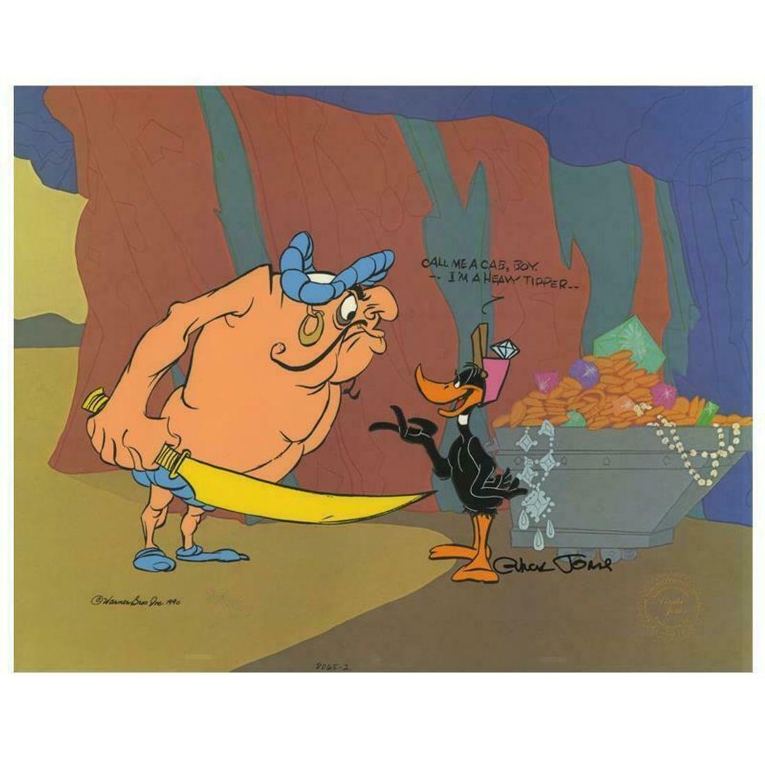 Chuck Jones "Daffy And Hassan: Call Me A Cab" Hand Signed, Hand Painted Limited Edition Sericel.: Daffy And Hassan: Call Me A Cab is a limited edition animation cel with hand painted coloring on sericel outline. The piece is numbered, hand signed by Chuck Jones (1912-2002), and includes a Certific