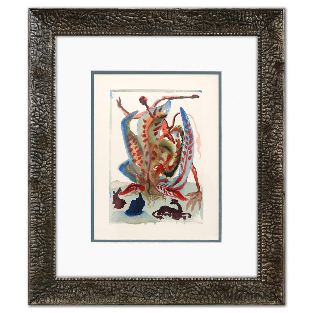 Salvador Dali- Original Color Woodcut on B.F.K. Rives Paper "Purgatory 23": Artist: Salvador Dali. Medium: Original Color Woodcut on B.F.K. Rives Paper. Title: Purgatory 23. Size: 13" x 10". Measures approx. 21.5" x 18.5" (framed). Certificate of Authenticity: Is included. Ad